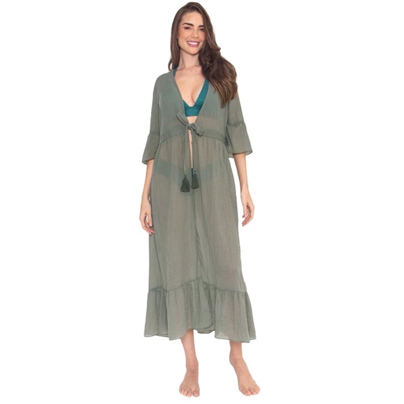 Bari Swimwear Boho Green Sheer Maxi Beach Cover-Up Dress - One Size - Picture 1 of 7